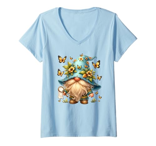 Damen Butterfly Dad GNOME with Floral Flower Hat for Spring Time T-Shirt mit V-Ausschnitt Damen Butterfly Dad GNOME with Floral Flower Hat for Spring Time T-Shirt mit V-Ausschnitt von Cute Gnome Decor Unique Butterfly Gifts For Women