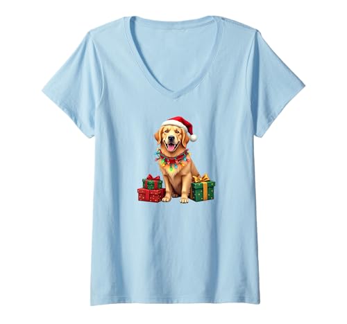 Damen Golden Retriever Hund, Weihnachten, Weihnachtsmannmütze T-Shirt mit V-Ausschnitt Damen Golden Retriever Hund, Weihnachten, Weihnachtsmannmütze T-Shirt mit V-Ausschnitt von Cute Golden Retrievers wearing a Santa Hat