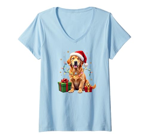 Damen Golden Retriever Hund, Weihnachten, Weihnachtsmannmütze T-Shirt mit V-Ausschnitt Damen Golden Retriever Hund, Weihnachten, Weihnachtsmannmütze T-Shirt mit V-Ausschnitt von Cute Golden Retrievers wearing a Santa Hat