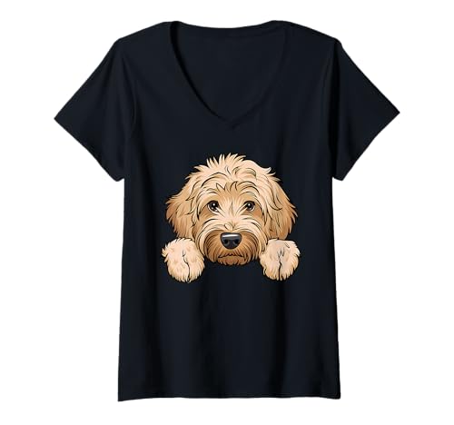 Damen Süßes Goldendoodle Peeking Funny Golden Doodle Dog Lover T-Shirt mit V-Ausschnitt Damen Süßes Goldendoodle Peeking Funny Golden Doodle Dog Lover T-Shirt mit V-Ausschnitt von Cute Goldendoodle Puppy Dog Lover