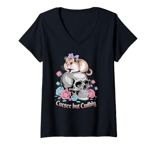 Damen Cursed But Cuddly Hamster Roses T-Shirt mit V-Ausschnitt Damen Cursed But Cuddly Hamster Roses T-Shirt mit V-Ausschnitt von Cute Gothic Hamster Roses Design