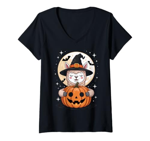 Damen Halloween Alpaka Hexenhut Kürbis Gruselig T-Shirt mit V-Ausschnitt Damen Halloween Alpaka Hexenhut Kürbis Gruselig T-Shirt mit V-Ausschnitt von Cute Halloween Alpacas Pumpkins Bats Costumes