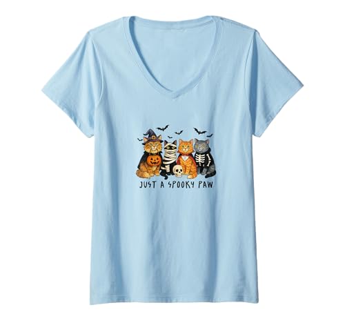 Damen Halloween Katzen Design mit Hexe Mumie Vampir Skelett T-Shirt mit V-Ausschnitt von Cute Halloween Animals