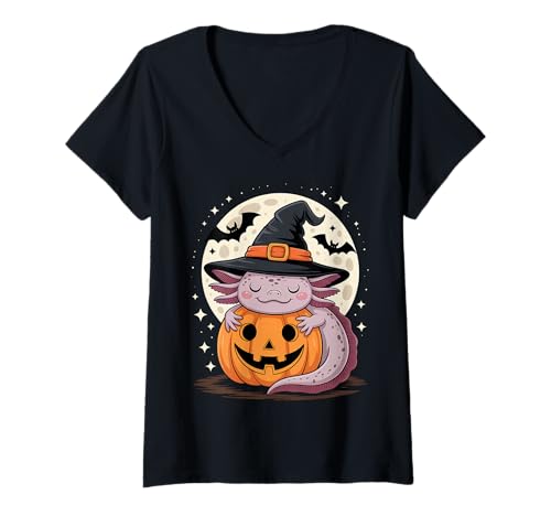 Damen Halloween Axolotl Hexenhut Kürbis Gruselig T-Shirt mit V-Ausschnitt von Cute Halloween Axolotl Pumpkins Costumes Tee