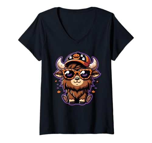 Damen Süßes Halloween-Kostüm Baby Bison, lustiger Schnitt Halloween Bison T-Shirt mit V-Ausschnitt von Cute Halloween Baby Bison,Kids Halloween Bison