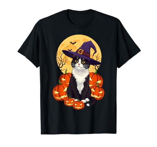 Retro Schwarze Katze Halloween Kürbis Kostüm für Männer Frauen Kinder T-Shirt von Cute Halloween Black Cat Witch Hat And Pumpkin tee