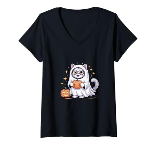 Damen Niedliche Halloween-Katze, lustiger Geister-Kürbis-Spaß, für Herren T-Shirt mit V-Ausschnitt Damen Niedliche Halloween-Katze, lustiger Geister-Kürbis-Spaß, für Herren T-Shirt mit V-Ausschnitt von Cute Halloween Cat Funny Ghost Pumpkin Fun