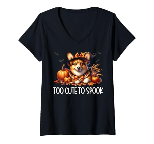 Damen Corgi Halloween Puppy is Too Cute to Spook for Dog Mom T-Shirt mit V-Ausschnitt von Cute Halloween Corgi Gifts For Corgi Lovers