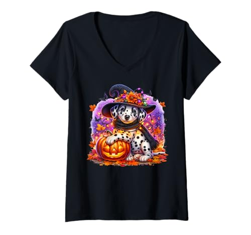 Damen Dalmatian Dog Halloween Graphic with Spooky Pumpkin Face T-Shirt mit V-Ausschnitt Damen Dalmatian Dog Halloween Graphic with Spooky Pumpkin Face T-Shirt mit V-Ausschnitt von Cute Halloween Dalmatian Gifts For Women Men Kids
