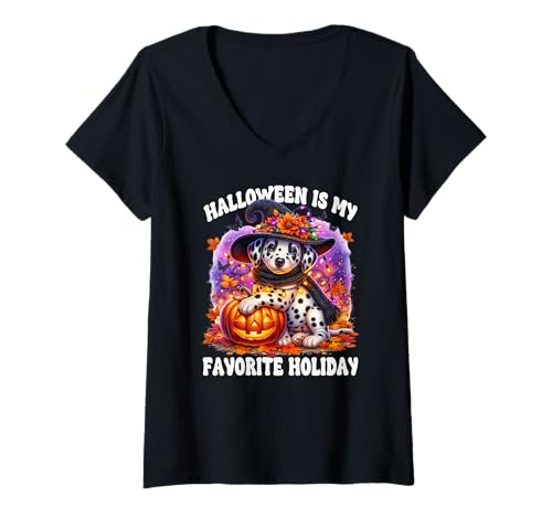 Damen Dalmatian Halloween is My Favorite Holiday for Puppy Lover T-Shirt mit V-Ausschnitt von Cute Halloween Dalmatian Gifts For Women Men Kids
