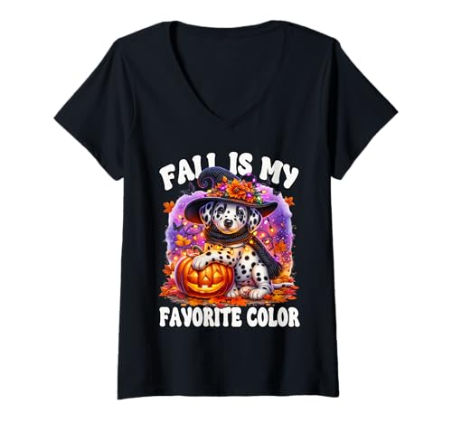Damen Fall is My Favorite Color for Dog Mom Dalmatian Halloween T-Shirt mit V-Ausschnitt Damen Fall is My Favorite Color for Dog Mom Dalmatian Halloween T-Shirt mit V-Ausschnitt von Cute Halloween Dalmatian Gifts For Women Men Kids