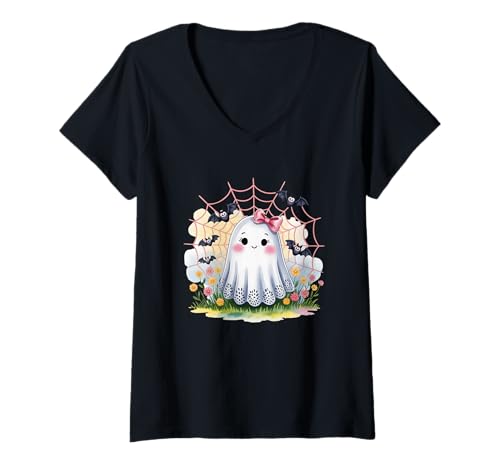 Damen Entzückender Geist mit rosa Schleife und Fledermäusen T-Shirt mit V-Ausschnitt Damen Entzückender Geist mit rosa Schleife und Fledermäusen T-Shirt mit V-Ausschnitt von Cute Halloween Ghost Bats Web Floral