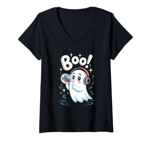 Damen Boo Netter Halloween-Geist mit Kopfhörern und Seifenblase T-Shirt mit V-Ausschnitt Damen Boo Netter Halloween-Geist mit Kopfhörern und Seifenblase T-Shirt mit V-Ausschnitt von Cute Halloween Ghost Boo Headphones Bubble