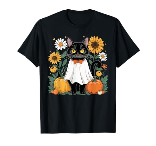 Damen Halloween Geist Schwarze Katze Geist Halloween Mädchen T-Shirt von Cute Halloween Ghost Cat Shirts For Women Girls