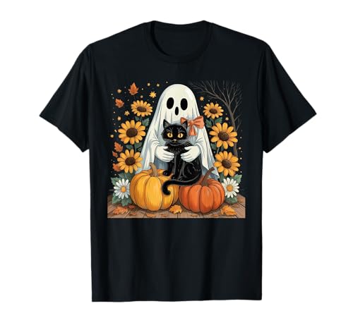 Damen Halloween Geist Schwarze Katze Geist Halloween Mädchen T-Shirt von Cute Halloween Ghost Cat Shirts For Women Girls