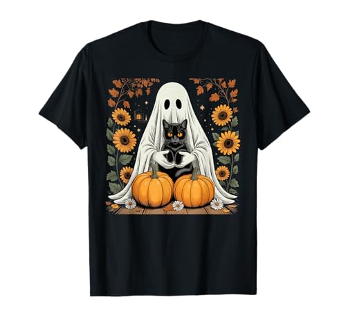 Damen Halloween Geist Schwarze Katze Geist Halloween Mädchen T-Shirt Damen Halloween Geist Schwarze Katze Geist Halloween Mädchen T-Shirt von Cute Halloween Ghost Cat Shirts For Women Girls