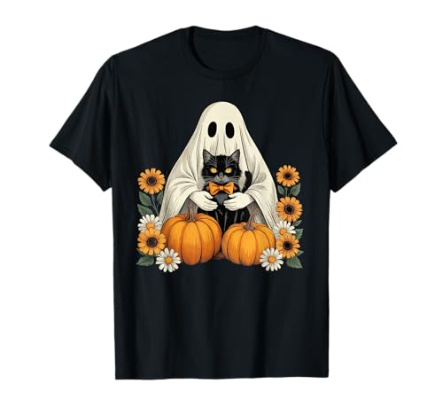 Damen Halloween Geist Schwarze Katze Geist Halloween Mädchen T-Shirt von Cute Halloween Ghost Cat Shirts For Women Girls