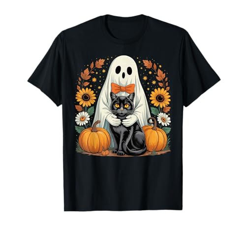 Damen Halloween Geist Schwarze Katze Geist Halloween Mädchen T-Shirt von Cute Halloween Ghost Cat Shirts For Women Girls