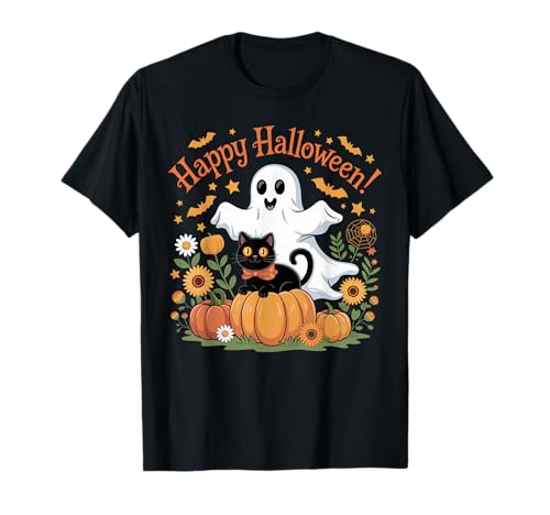 Damen Halloween Geist Schwarze Katze Geist Halloween Mädchen T-Shirt von Cute Halloween Ghost Cat Shirts For Women Girls