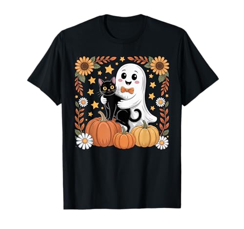 Damen Halloween Geist Schwarze Katze Geist Halloween Mädchen T-Shirt von Cute Halloween Ghost Cat Shirts For Women Girls