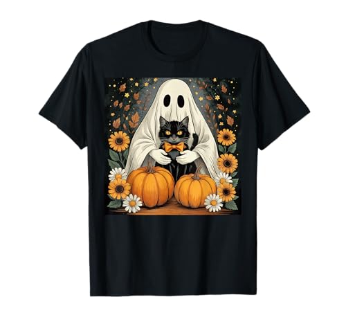 Damen Halloween Geist Schwarze Katze Geist Halloween Mädchen T-Shirt von Cute Halloween Ghost Cat Shirts For Women Girls