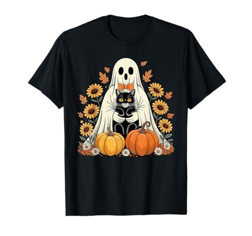 Damen Halloween Geist Schwarze Katze Geist Halloween Mädchen T-Shirt von Cute Halloween Ghost Cat Shirts For Women Girls