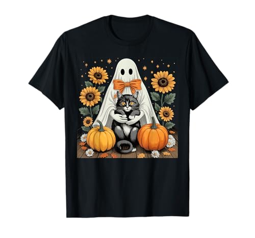 Damen Halloween Geist Schwarze Katze Geist Halloween Mädchen T-Shirt von Cute Halloween Ghost Cat Shirts For Women Girls