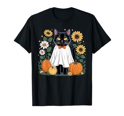 Damen Halloween Geist Schwarze Katze Geist Halloween Mädchen T-Shirt von Cute Halloween Ghost Cat Shirts For Women Girls