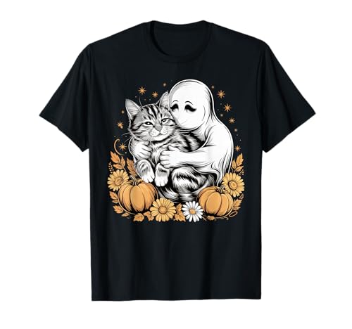 Damen Halloween Geist Schwarze Katze Geist Halloween Mädchen T-Shirt von Cute Halloween Ghost Cat Shirts For Women Girls
