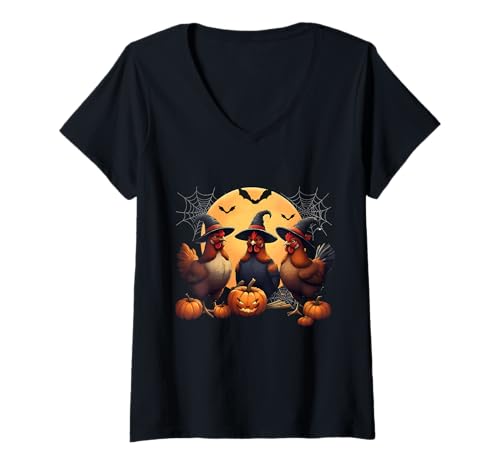 Damen Cute Chickens Witch Pet Halloween Matching Family Farm T-Shirt mit V-Ausschnitt Damen Cute Chickens Witch Pet Halloween Matching Family Farm T-Shirt mit V-Ausschnitt von Cute Halloween Ghost Spooky Pumpkins By GnineZa