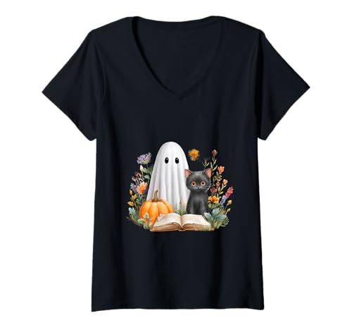 Damen Black Cat Halloween Shirt Book Lover Halloween Ghost T-Shirt mit V-Ausschnitt Damen Black Cat Halloween Shirt Book Lover Halloween Ghost T-Shirt mit V-Ausschnitt von Cute Halloween Ghost and Black Cat