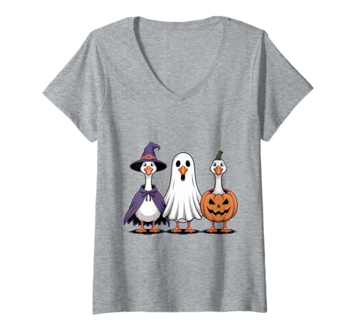 Damen Spooky Goose Funny Ghost Halloween Costume T-Shirt mit V-Ausschnitt Damen Spooky Goose Funny Ghost Halloween Costume T-Shirt mit V-Ausschnitt von Cute Halloween Goose Ghost Animal Costume