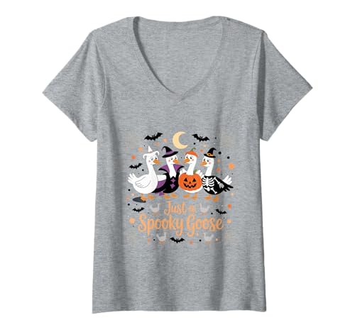 Damen Spooky Goose Funny Ghost Halloween Costume T-Shirt mit V-Ausschnitt Damen Spooky Goose Funny Ghost Halloween Costume T-Shirt mit V-Ausschnitt von Cute Halloween Goose Ghost Animal Costume