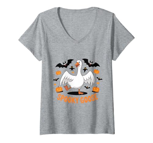 Damen Spooky Goose Funny Ghost Halloween Costume T-Shirt mit V-Ausschnitt Damen Spooky Goose Funny Ghost Halloween Costume T-Shirt mit V-Ausschnitt von Cute Halloween Goose Ghost Animal Costume