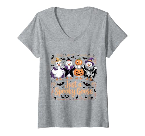 Damen Spooky Goose Funny Ghost Halloween Costume T-Shirt mit V-Ausschnitt Damen Spooky Goose Funny Ghost Halloween Costume T-Shirt mit V-Ausschnitt von Cute Halloween Goose Ghost Animal Costume