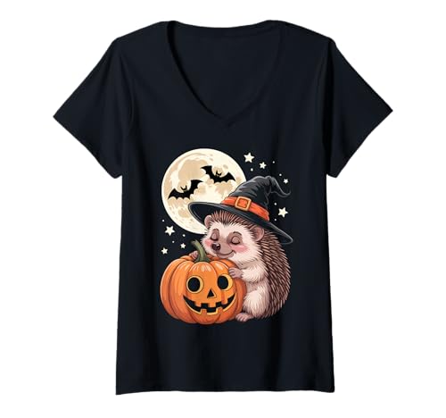 Damen Halloween Igel Hexenhut Kürbis Gruselig T-Shirt mit V-Ausschnitt Damen Halloween Igel Hexenhut Kürbis Gruselig T-Shirt mit V-Ausschnitt von Cute Halloween Hedgehogs Pumpkins Bats Costumes