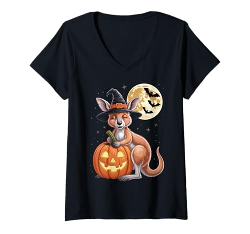 Damen Halloween Känguru Hexenhut Kürbis Gruselig T-Shirt mit V-Ausschnitt von Cute Halloween Kangaroos Pumpkins Bats Costume