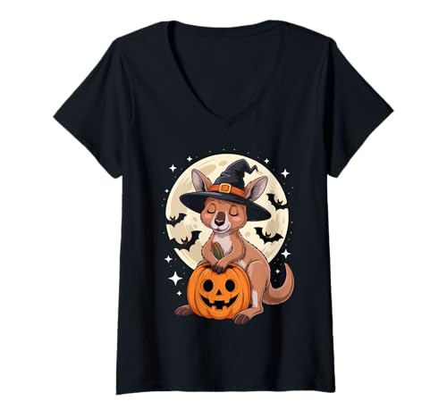 Damen Halloween Känguru Hexenhut Kürbis Gruselig T-Shirt mit V-Ausschnitt Damen Halloween Känguru Hexenhut Kürbis Gruselig T-Shirt mit V-Ausschnitt von Cute Halloween Kangaroos Pumpkins Tees Costumes