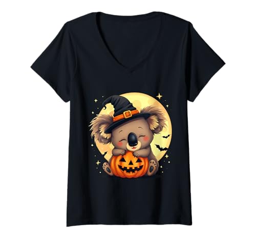 Damen Halloween Koala Hexenhut Kürbis Gruselig T-Shirt mit V-Ausschnitt Damen Halloween Koala Hexenhut Kürbis Gruselig T-Shirt mit V-Ausschnitt von Cute Halloween Koalas Pumpkin Costumes