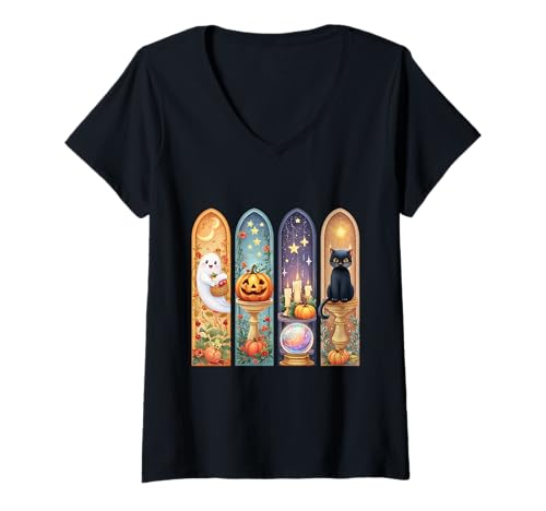 Damen Cute Halloween Paint Stroke Design Ghosts Pumpkin Black Cat T-Shirt mit V-Ausschnitt von Cute Halloween Paint Stroke