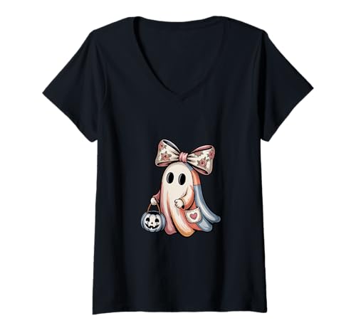 Damen Gruseliger süßer Patchwork-Geist für Halloween T-Shirt mit V-Ausschnitt Damen Gruseliger süßer Patchwork-Geist für Halloween T-Shirt mit V-Ausschnitt von Cute Halloween Patchwork Ghost Design