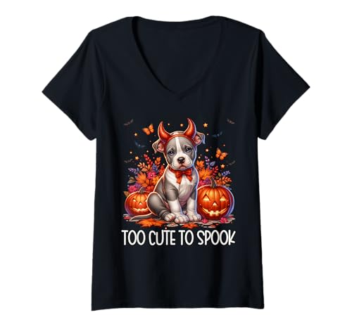 Damen Halloween American Bulldog is Too Cute to Spook Pit Bull Mom T-Shirt mit V-Ausschnitt Damen Halloween American Bulldog is Too Cute to Spook Pit Bull Mom T-Shirt mit V-Ausschnitt von Cute Halloween Pit Bull Gifts For Pitbull Lovers