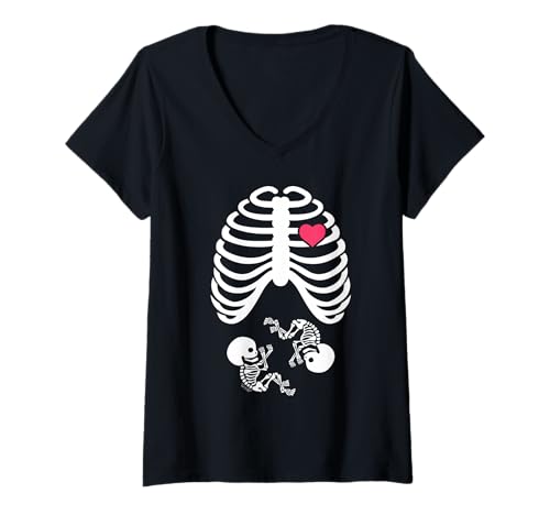 Damen Zwillinge Schwangerschaft Ankündigung Halloween Kostüm Love Shirt T-Shirt mit V-Ausschnitt Damen Zwillinge Schwangerschaft Ankündigung Halloween Kostüm Love Shirt T-Shirt mit V-Ausschnitt von Cute Halloween Pregnancy Shirts
