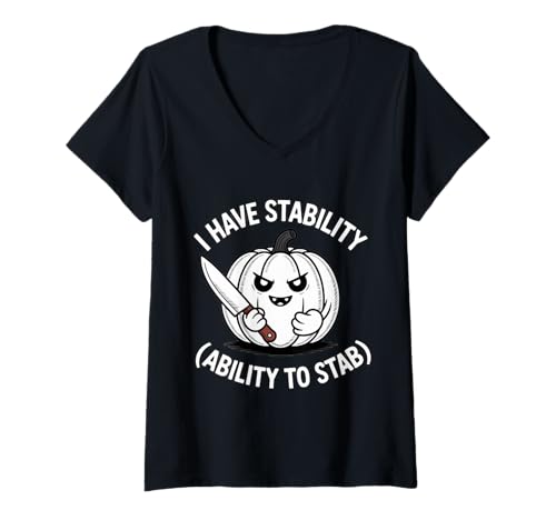 Damen Weißer Kürbis Lustiges Stabby Halloween Wortspiel T-Shirt mit V-Ausschnitt von Cute Halloween Pumpkin Pun Joke Spooky Deko