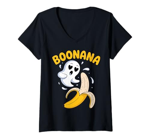 Damen Boonana Funny Ghost Banana Halloween Wortspiel T-Shirt mit V-Ausschnitt Damen Boonana Funny Ghost Banana Halloween Wortspiel T-Shirt mit V-Ausschnitt von Cute Halloween Puns and Spooky Ghost Joke Tees