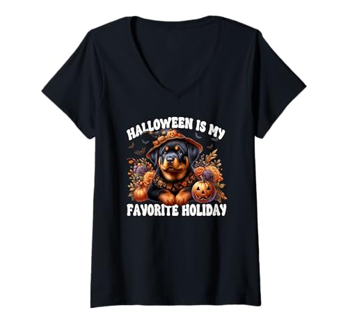 Damen Cute Rottweiler Halloween is My Favorite Holiday for Dog Mom T-Shirt mit V-Ausschnitt Damen Cute Rottweiler Halloween is My Favorite Holiday for Dog Mom T-Shirt mit V-Ausschnitt von Cute Halloween Rottweiler Gifts For Women Men Kids