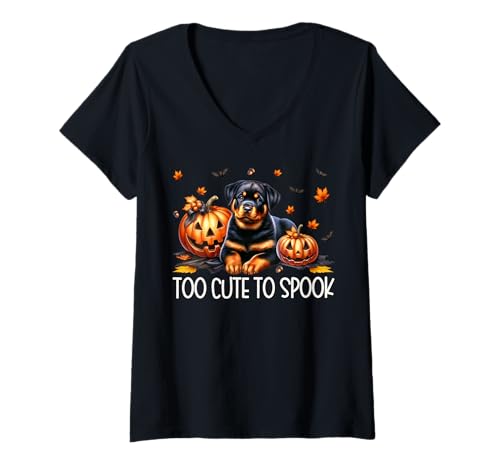 Damen Fall and Halloween Rottweiler Puppy is Too Cute to Spook T-Shirt mit V-Ausschnitt Damen Fall and Halloween Rottweiler Puppy is Too Cute to Spook T-Shirt mit V-Ausschnitt von Cute Halloween Rottweiler Gifts For Women Men Kids