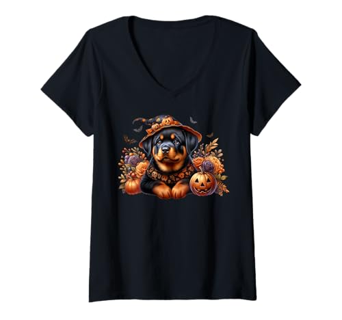 Damen Floral Rottweiler Halloween Graphic with Bats and Pumpkins T-Shirt mit V-Ausschnitt Damen Floral Rottweiler Halloween Graphic with Bats and Pumpkins T-Shirt mit V-Ausschnitt von Cute Halloween Rottweiler Gifts For Women Men Kids