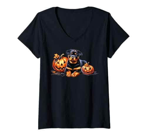 Damen Halloween Pumpkins for Women and Men with Rottweiler Dog T-Shirt mit V-Ausschnitt von Cute Halloween Rottweiler Gifts For Women Men Kids