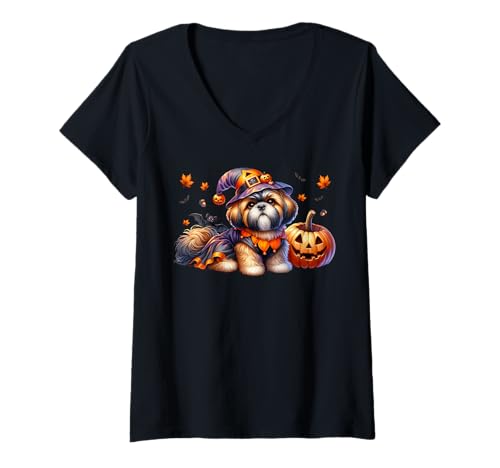 Damen Cute Fall and Halloween Shih Tzu Dog Graphic for Witches T-Shirt mit V-Ausschnitt von Cute Halloween Shih Tzu Gifts For Dog Lovers